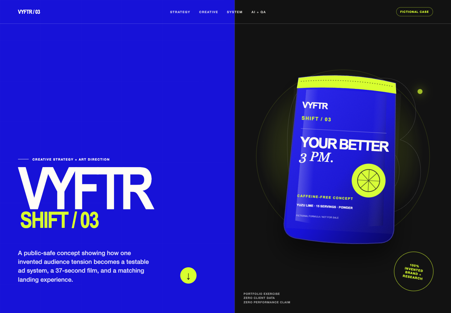 Cover of the fictional VYFTR SHIFT 03 creative strategy portfolio exercise